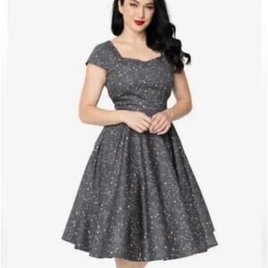 Magnolia Park Constellation Dress Grey Print Medium Full Skirt Short Sleeves